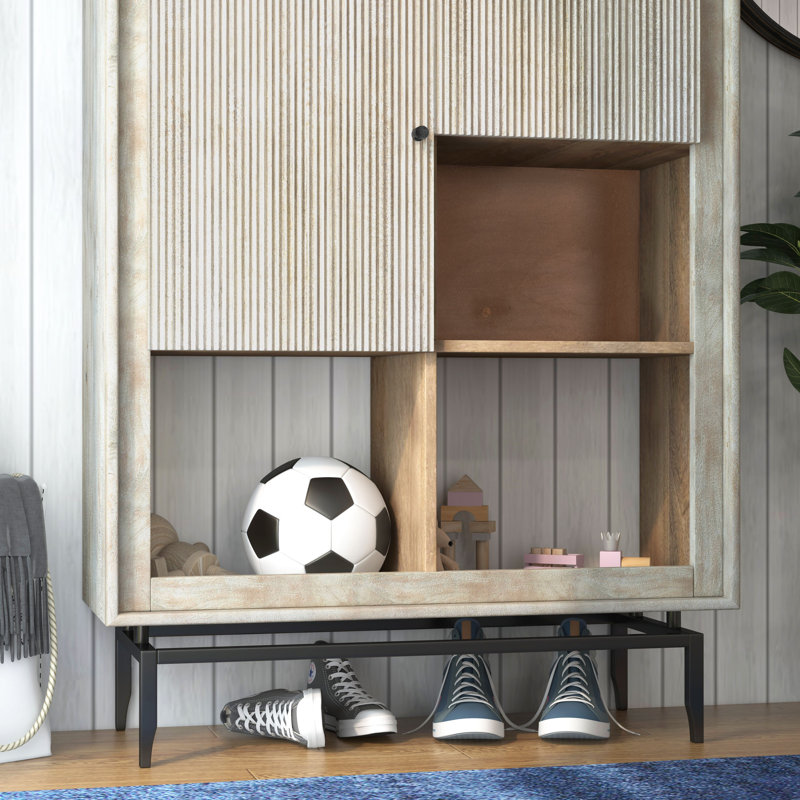 Gray Mango Wood Tall Accent Cabinet with Black Metal Hardware