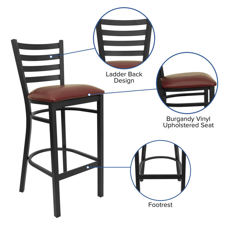Red Metal and Wood Ladder Back Barstool with Vinyl Seat