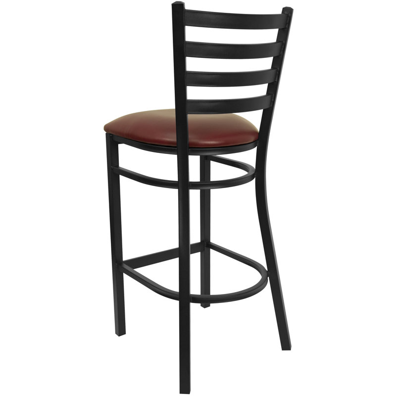 Red Metal and Wood Ladder Back Barstool with Vinyl Seat