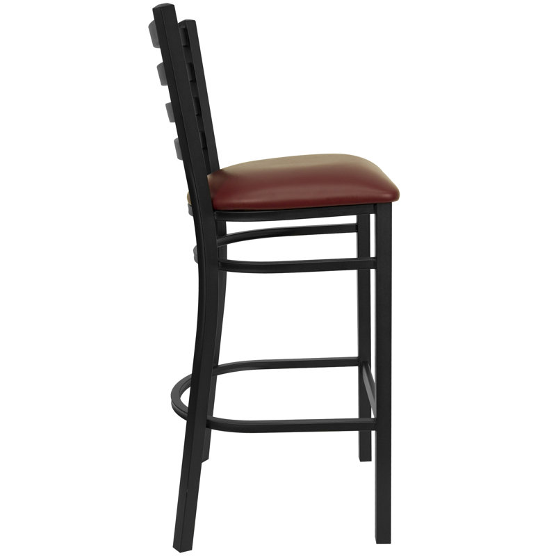 Red Metal and Wood Ladder Back Barstool with Vinyl Seat