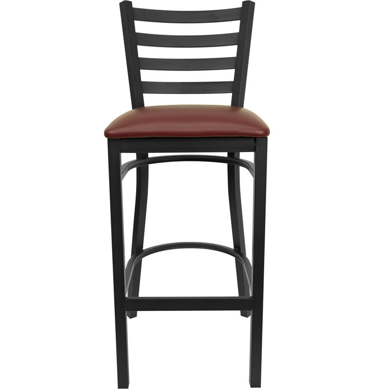 Red Metal and Wood Ladder Back Barstool with Vinyl Seat