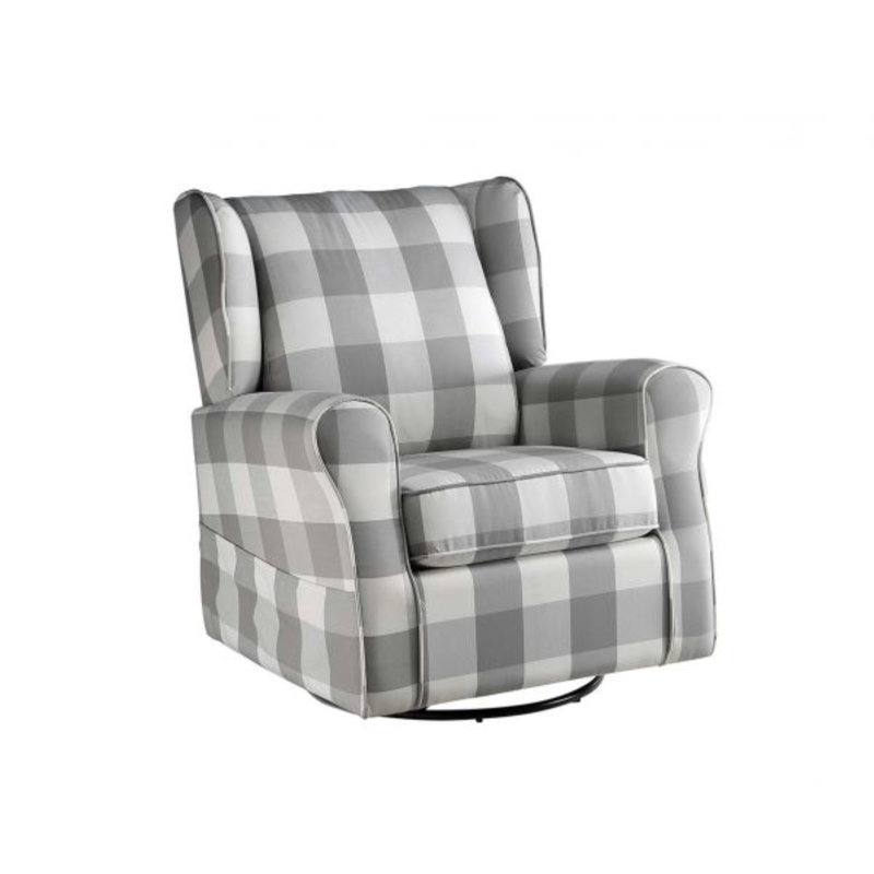 Gray Plaid Swivel Accent Chair with Wood Frame
