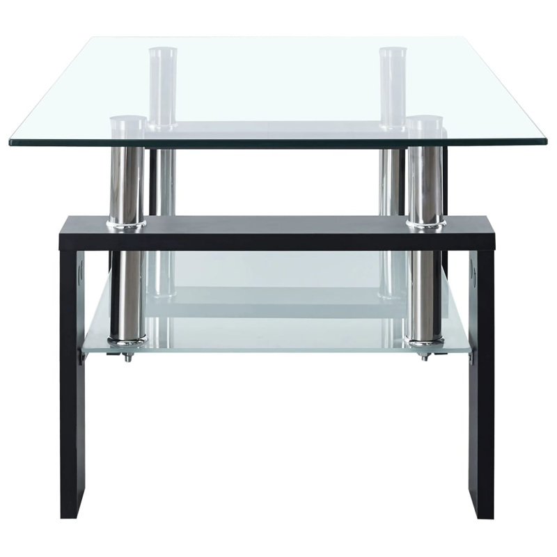 Black Rectangular Glass Coffee Table with Storage Shelf