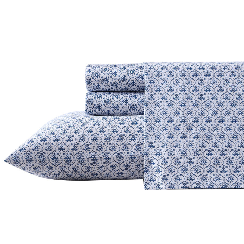 Blue Cotton Sateen Queen Sheet Set with Floral Print