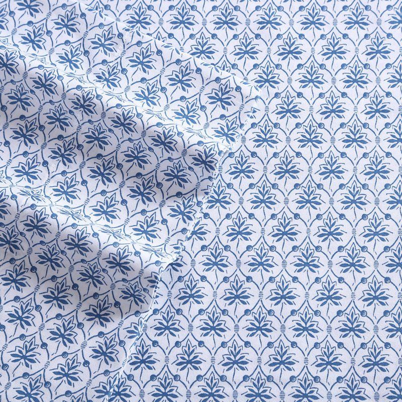 Blue Cotton Sateen Queen Sheet Set with Floral Print