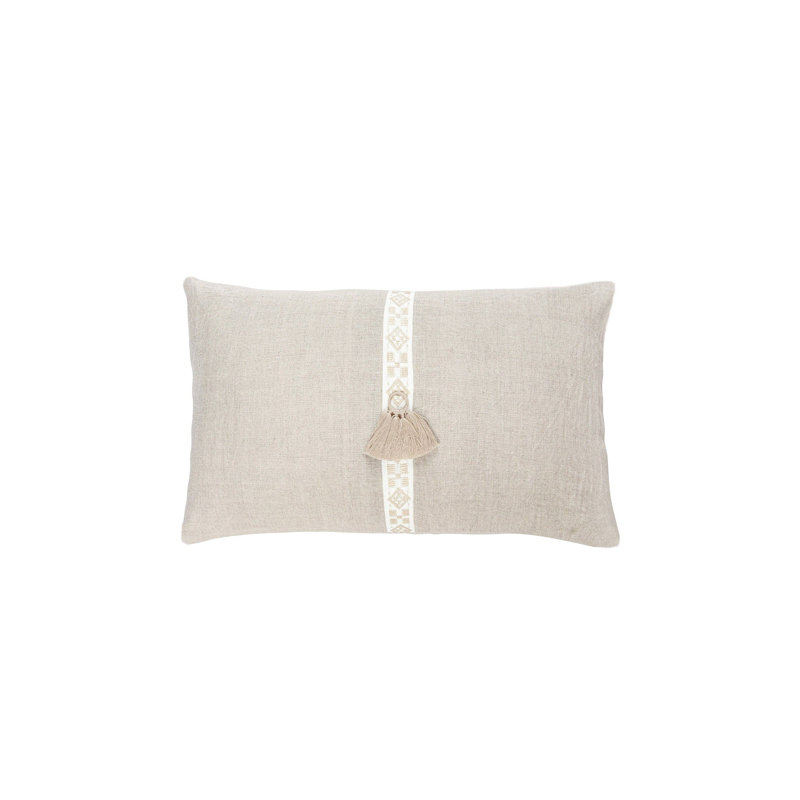 Light Gray Embroidered Linen Lumbar Pillow with Down Insert