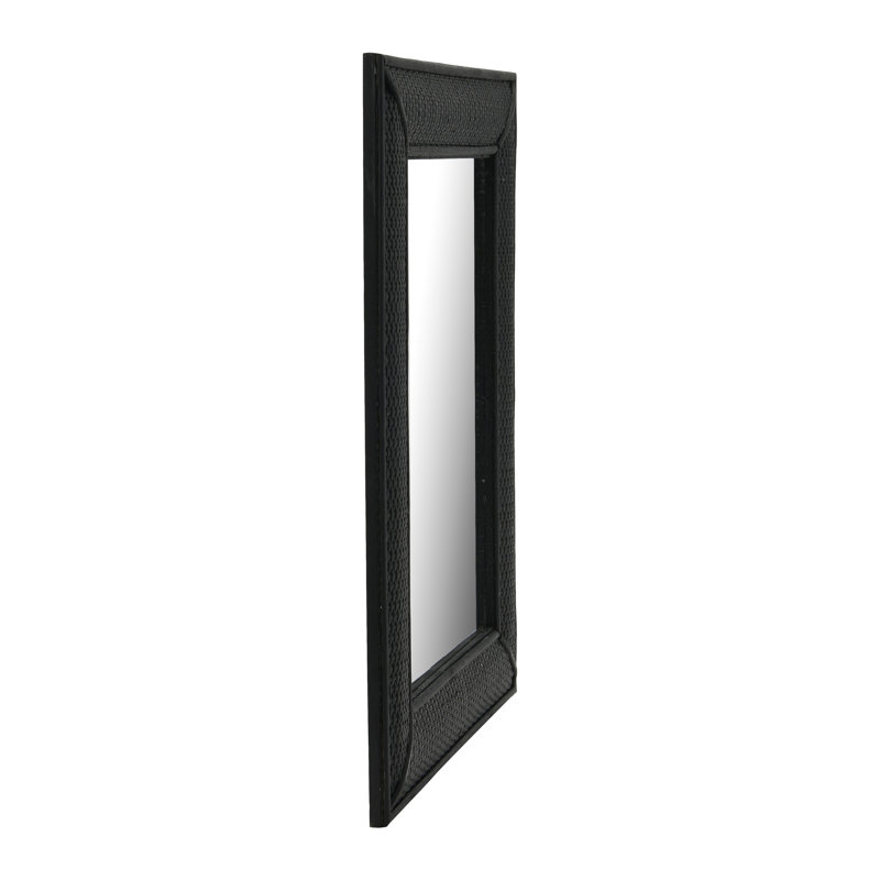 Black Rectangular Wood Wall Mirror with Rattan Detail
