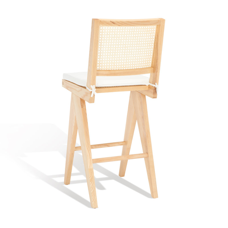 Natural Ash Wood and Rattan Bar Stool with White Cushion
