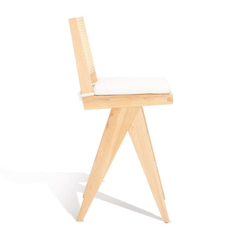 Natural Ash Wood and Rattan Bar Stool with White Cushion