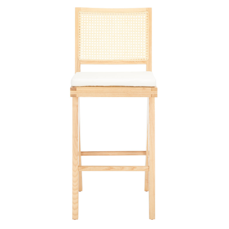Natural Ash Wood and Rattan Bar Stool with White Cushion