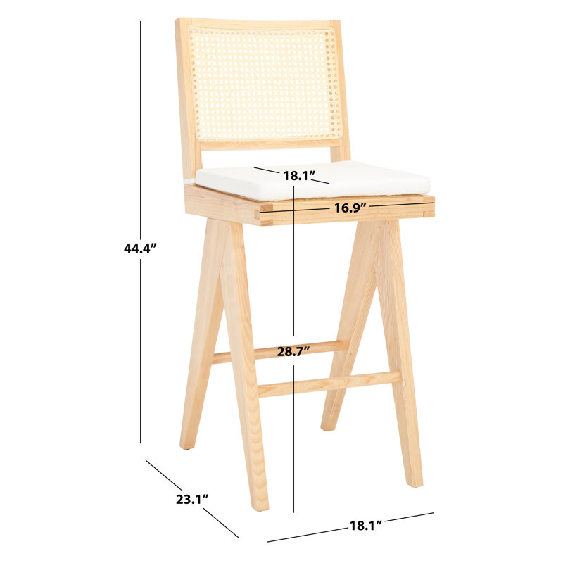 Natural Ash Wood and Rattan Bar Stool with White Cushion