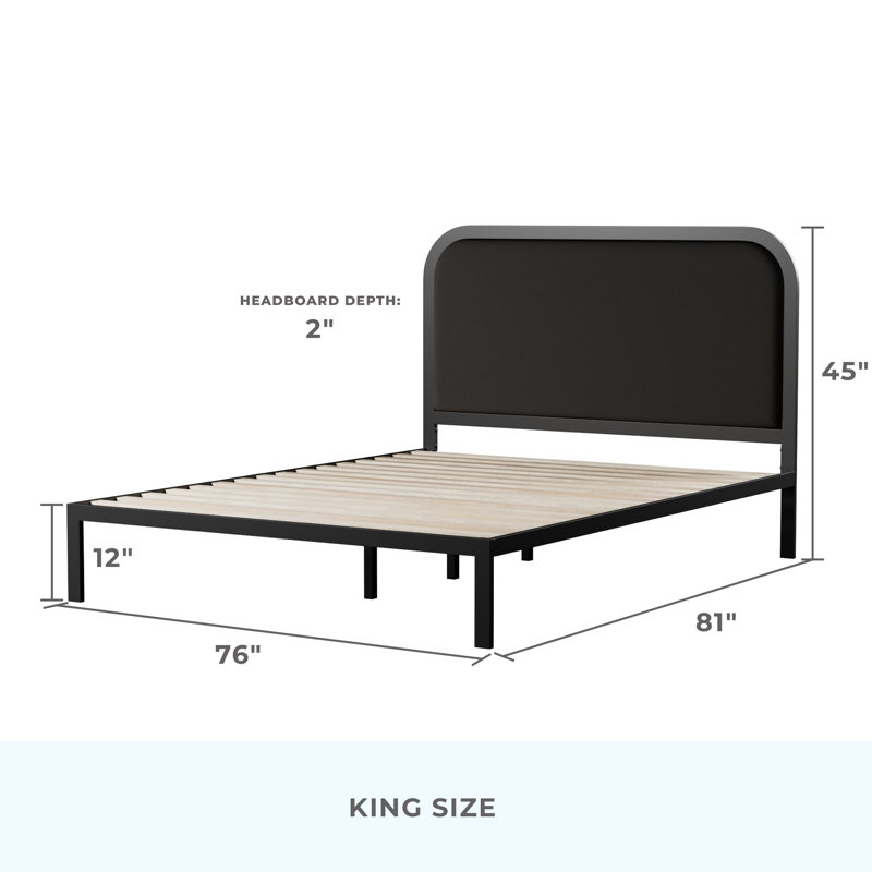 Charcoal King Metal Platform Bed with Rounded Upholstered Headboard
