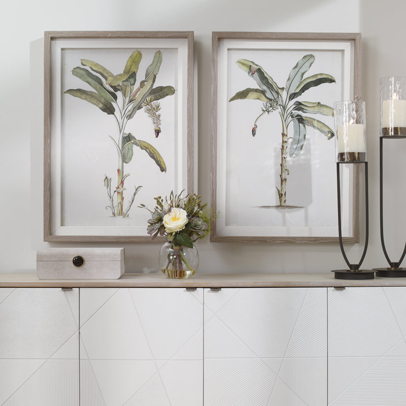 Banana Palm Tropical Framed Print Set with Light Gray Wash