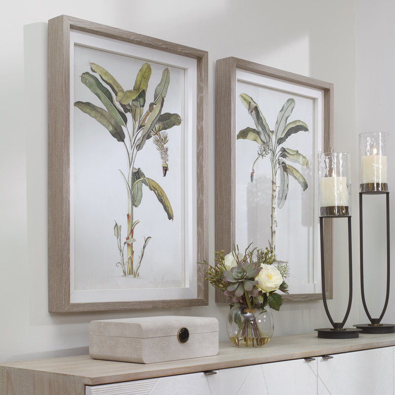 Banana Palm Tropical Framed Print Set with Light Gray Wash