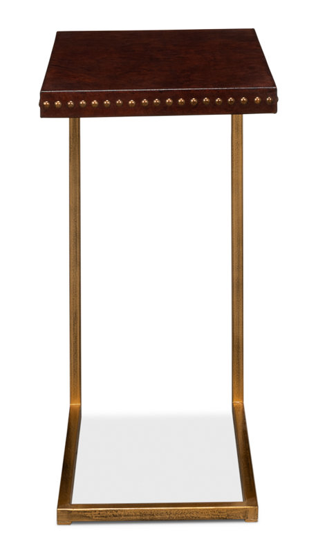 Brown Leather and Brass Rectangular Laptop End Table