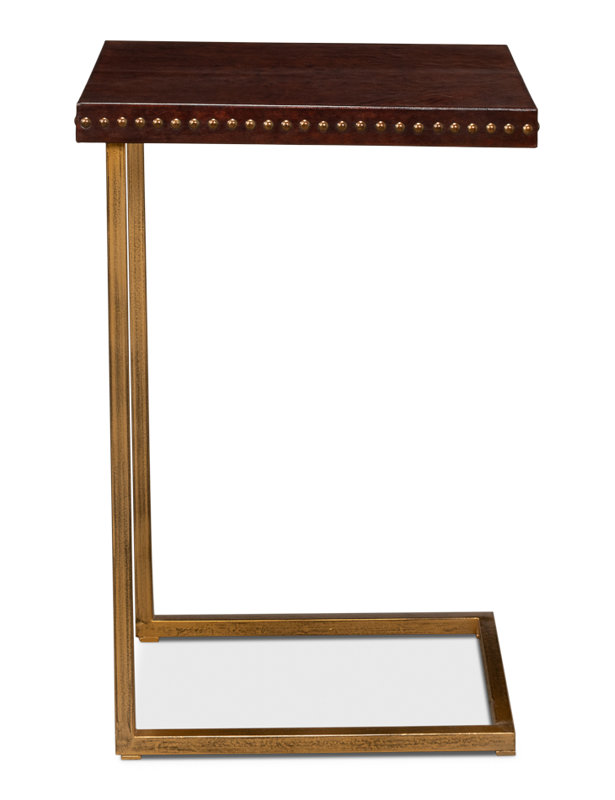 Brown Leather and Brass Rectangular Laptop End Table