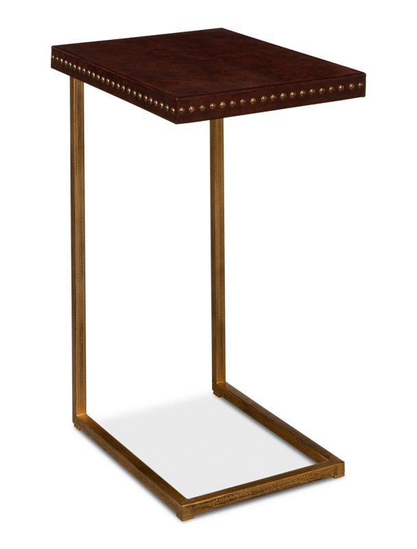 Brown Leather and Brass Rectangular Laptop End Table