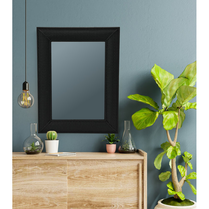 Black Rectangular Wood Wall Mirror with Rattan Detail