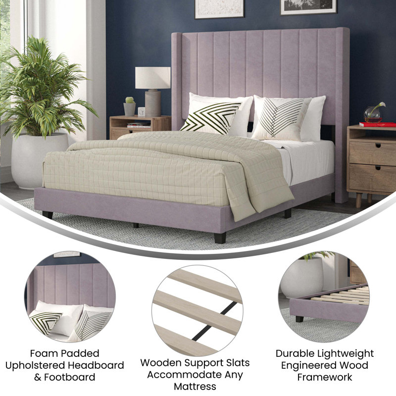 Modern Gray Velvet Upholstered Full Platform Bed with Wingback Headboard