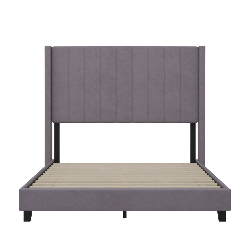 Modern Gray Velvet Upholstered Full Platform Bed with Wingback Headboard