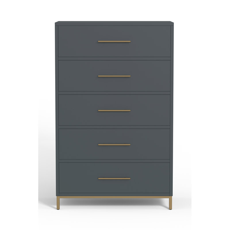 Slate Gray Vertical 5-Drawer Dresser with Gold Accents