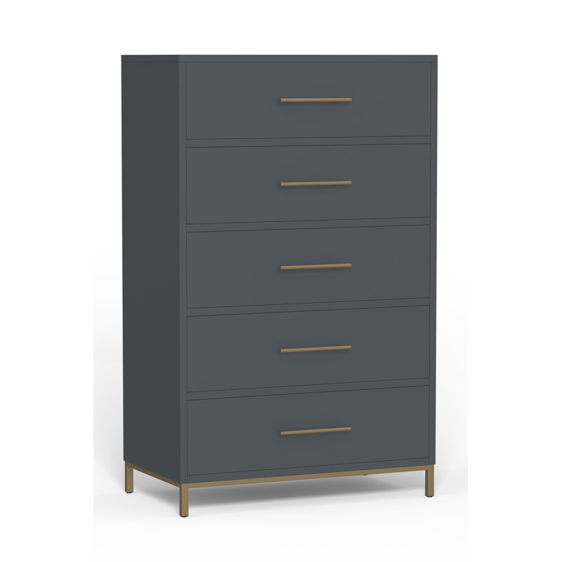 Slate Gray Vertical 5-Drawer Dresser with Gold Accents