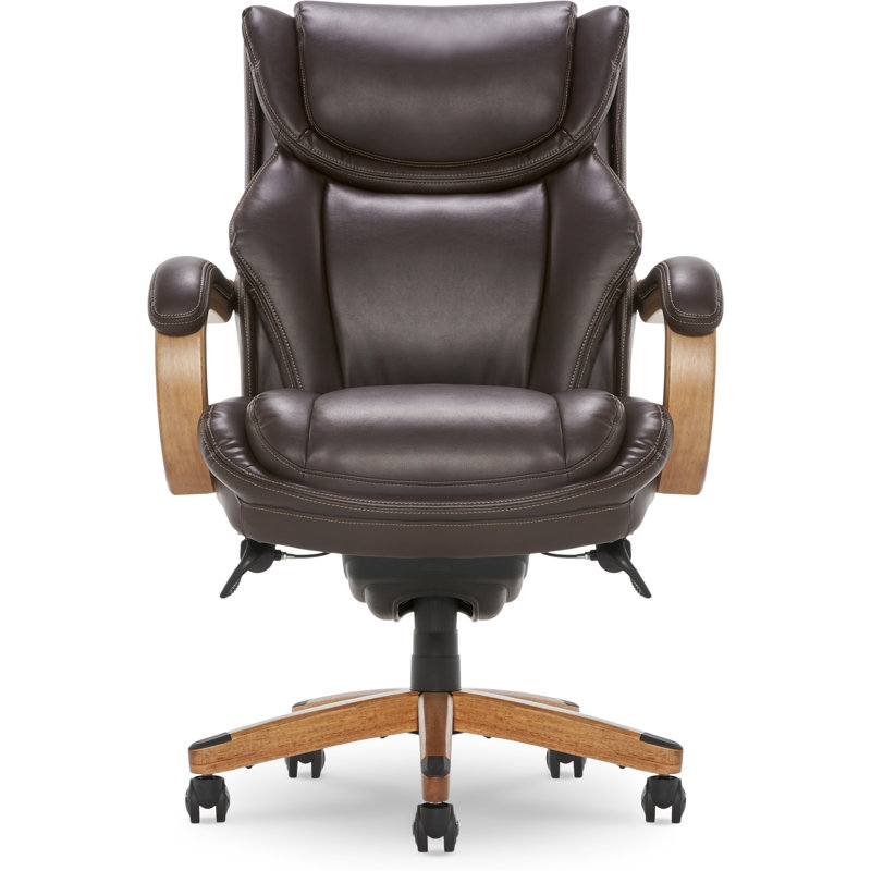 Luxury Coffee Brown Leather Executive Swivel Office Chair with Wood Base