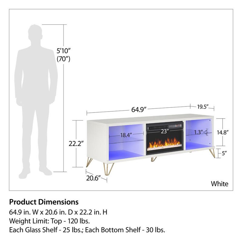 Finley 70" White Electric Fireplace TV Stand with Glass Shelves