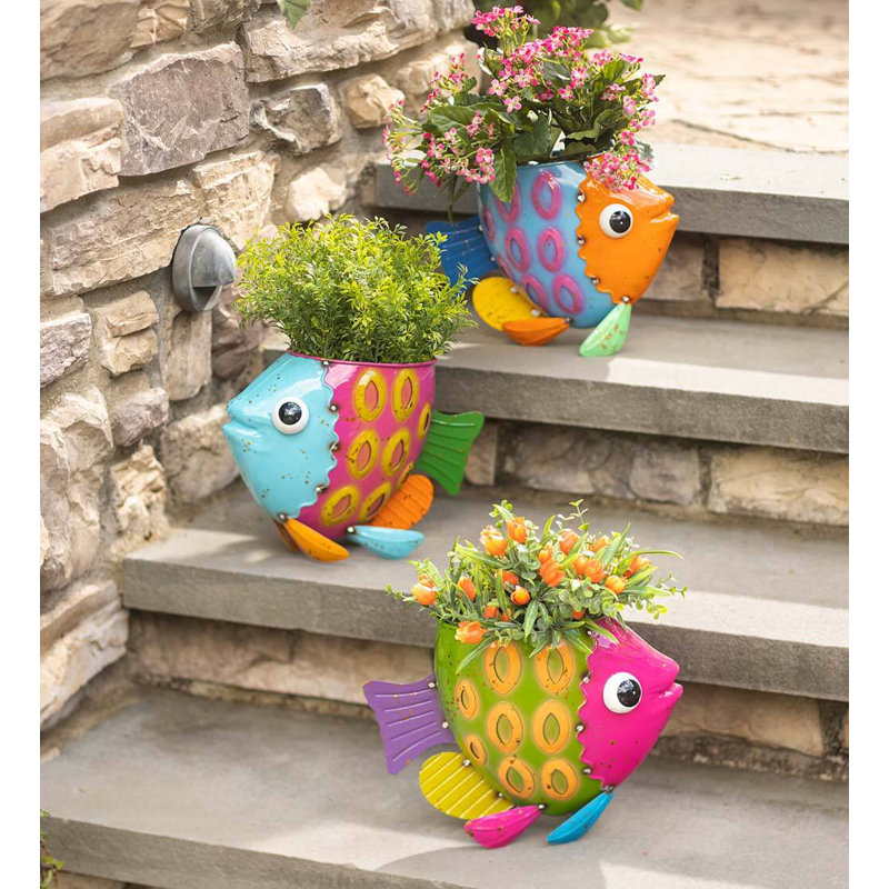 Colorful Metal Fish Indoor/Outdoor Planter Set of 3
