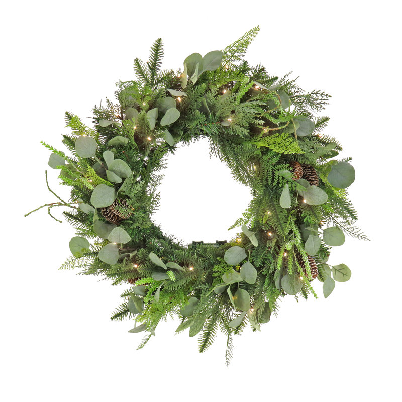 28'' Green Eucalyptus and Pine Cone Lighted Christmas Wreath