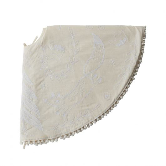 Creamy White Embroidered Cotton Tree Skirt with Pompoms