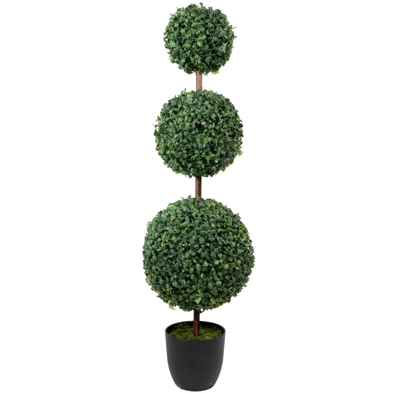 38" Two-Tone Green Boxwood Triple Ball Topiary in Round Pot