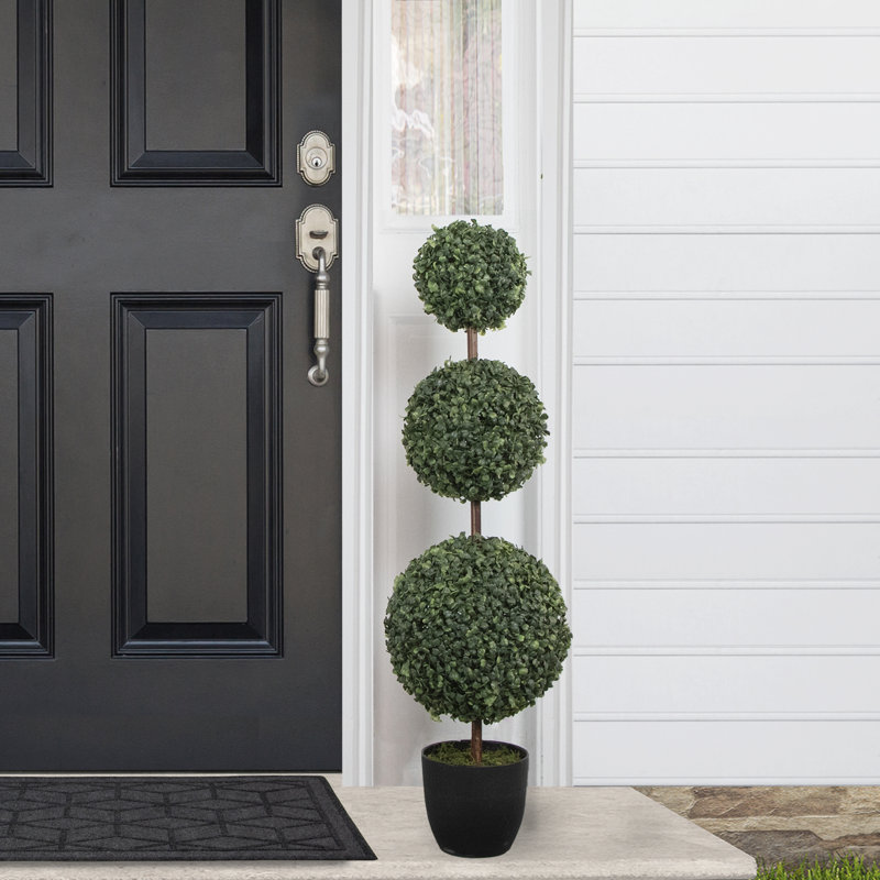 38" Two-Tone Green Boxwood Triple Ball Topiary in Round Pot