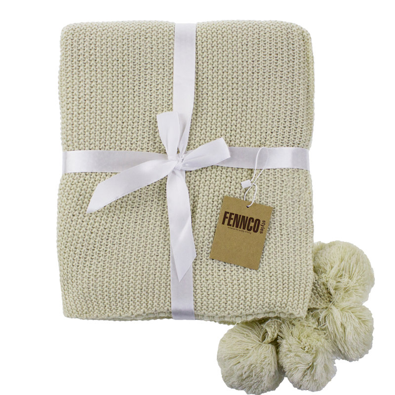 Cozy Corner Chunky Knit Pom Pom Throw Blanket - Natural & Brown