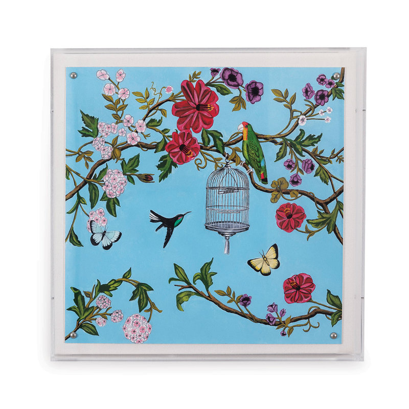 Colorful Bird and Flower Shadow Box Framed Art