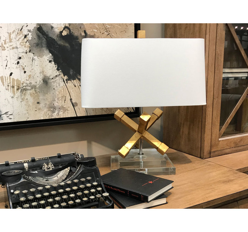 Distressed Gold and Chrome 18" Steel Shelf Lamp with Cream Linen Shade