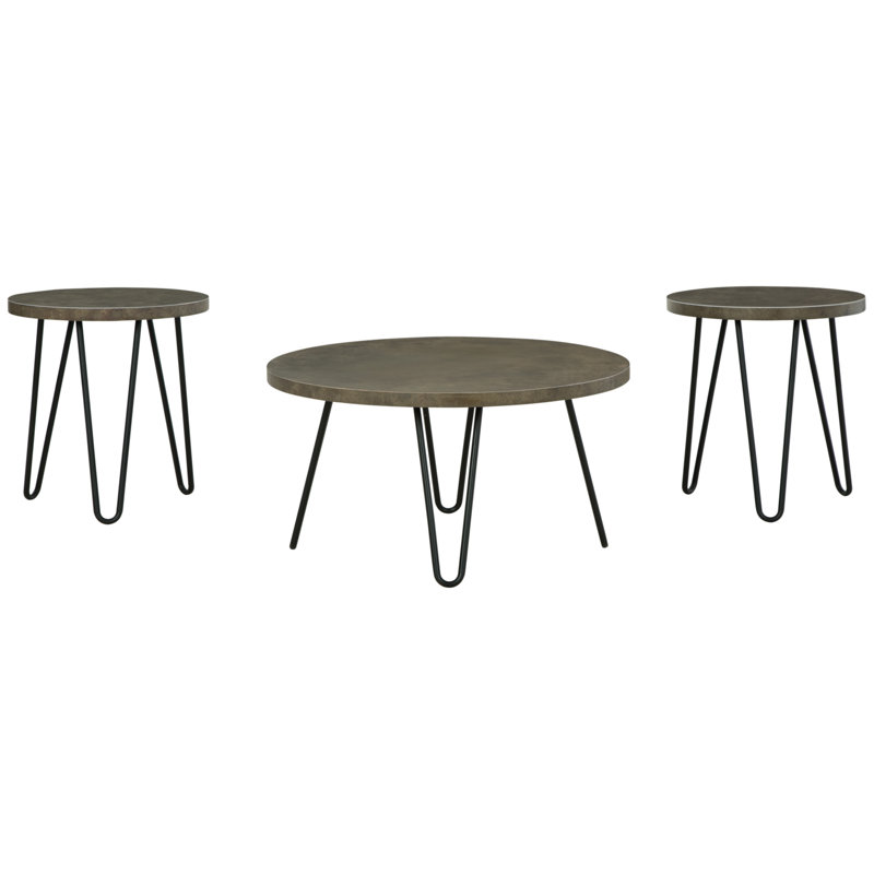 Hadasky Round Brown Faux Stone and Metal Coffee Table Set