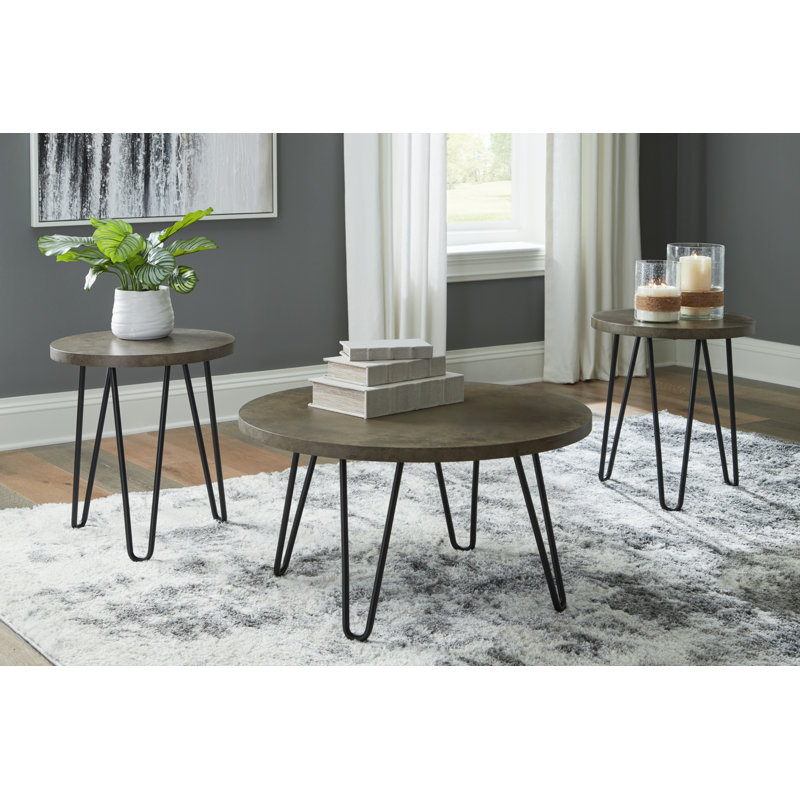 Hadasky Round Brown Faux Stone and Metal Coffee Table Set