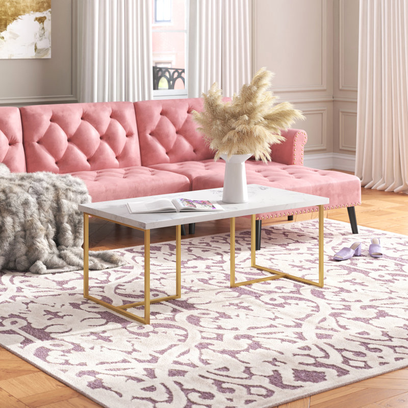 Elegant 43'' Gold and White Marble Rectangular Coffee Table