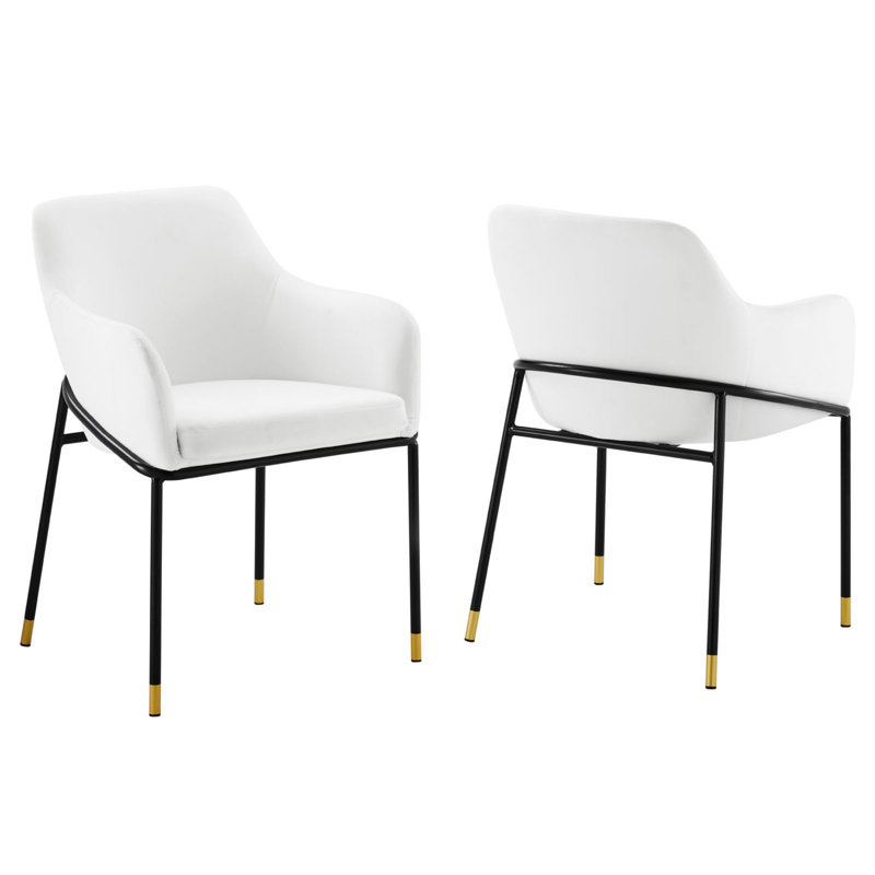 White Velvet Upholstered Arm Chair with Metal Legs