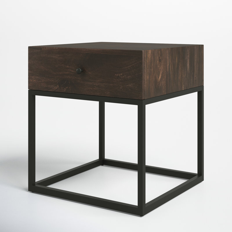 Modern Industrial Mango Wood & Iron End Table with Drawer