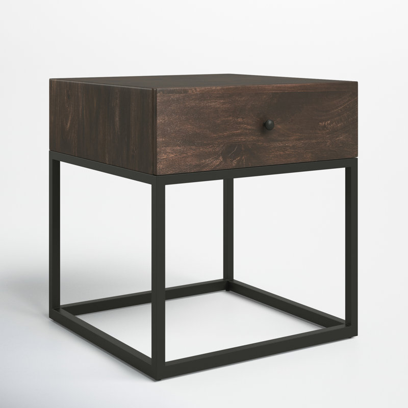 Modern Industrial Mango Wood & Iron End Table with Drawer