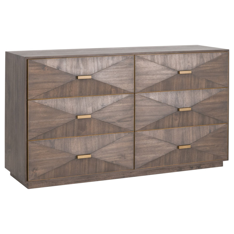 Transitional Acacia Veneer 6-Drawer Double Dresser with Brushed Gold Accents