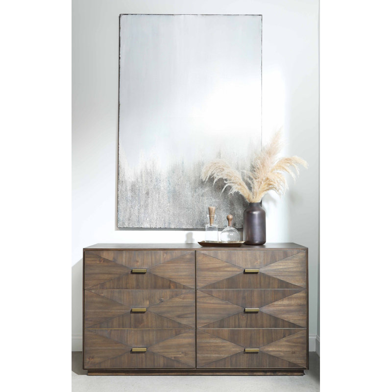 Transitional Acacia Veneer 6-Drawer Double Dresser with Brushed Gold Accents