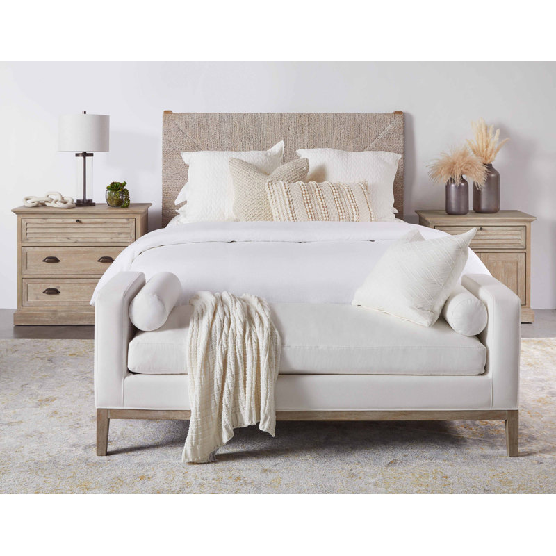 Transitional 3-Drawer Beige Acacia Nightstand with Slatted Design