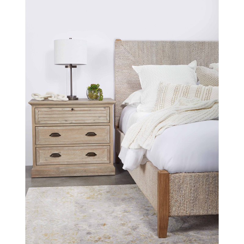 Transitional 3-Drawer Beige Acacia Nightstand with Slatted Design