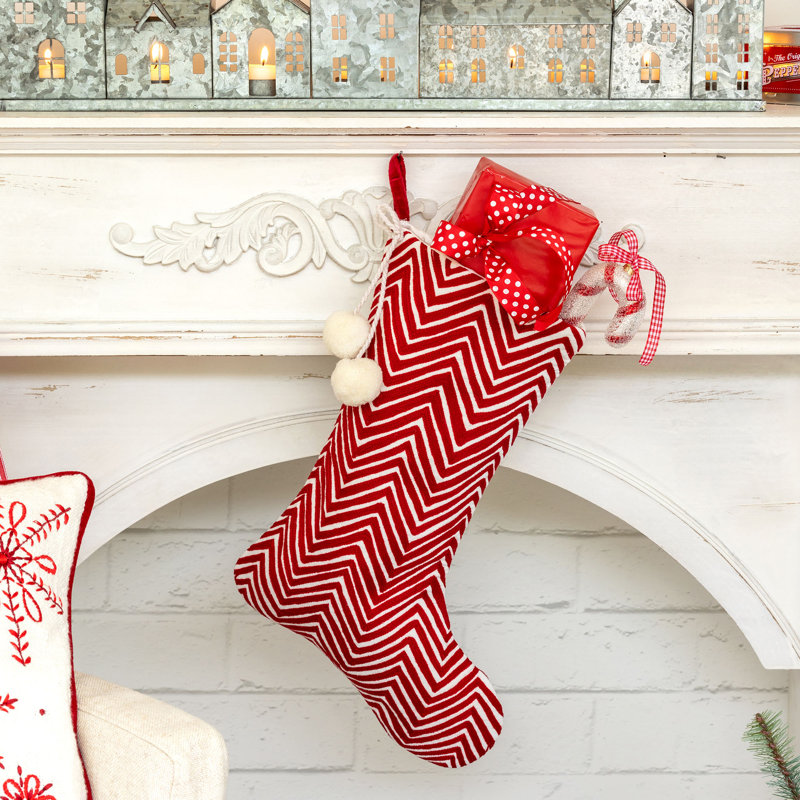 Red and White Chevron Embroidered Velvet Christmas Stocking