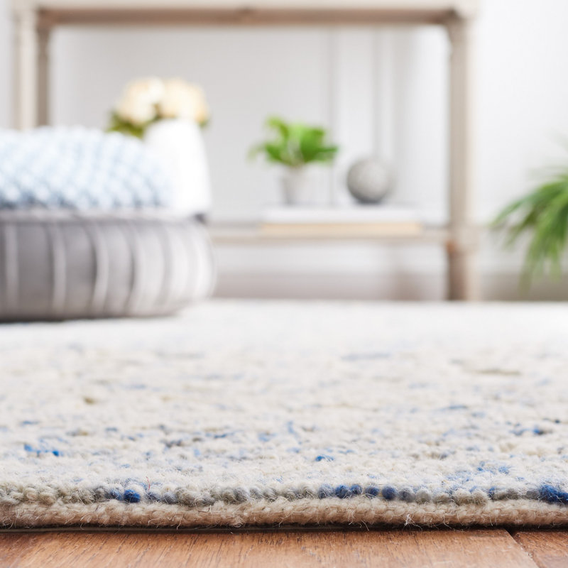 Ivory and Blue Hand Tufted Wool Square Area Rug