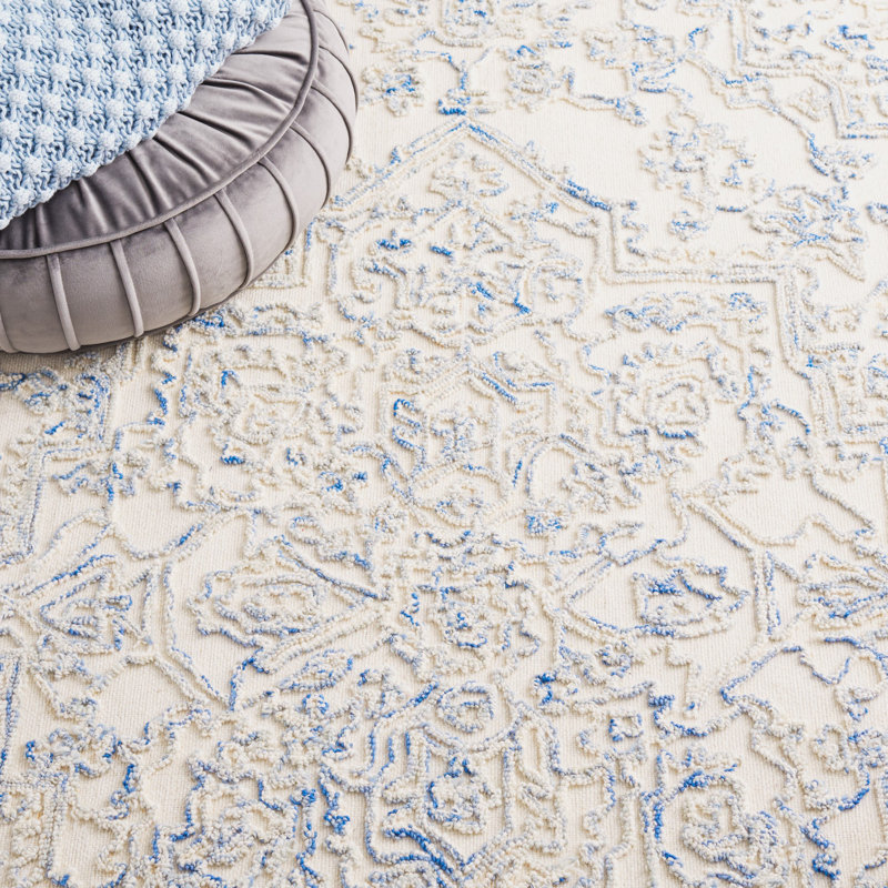 Ivory and Blue Hand Tufted Wool Square Area Rug