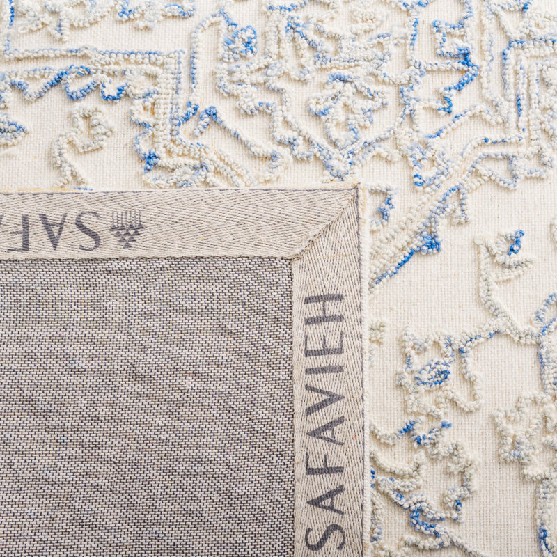 Ivory and Blue Hand Tufted Wool Square Area Rug